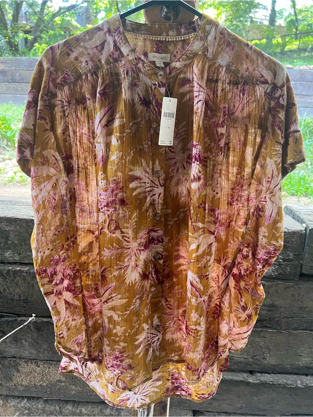 Anthropology Pilcro Mustard and Plum Floral Button-Front Top
